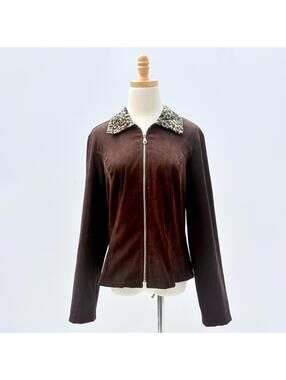 Vintage 90s y2k Leopard Collar Mocha Brown Zip-up Jacket Small Medium